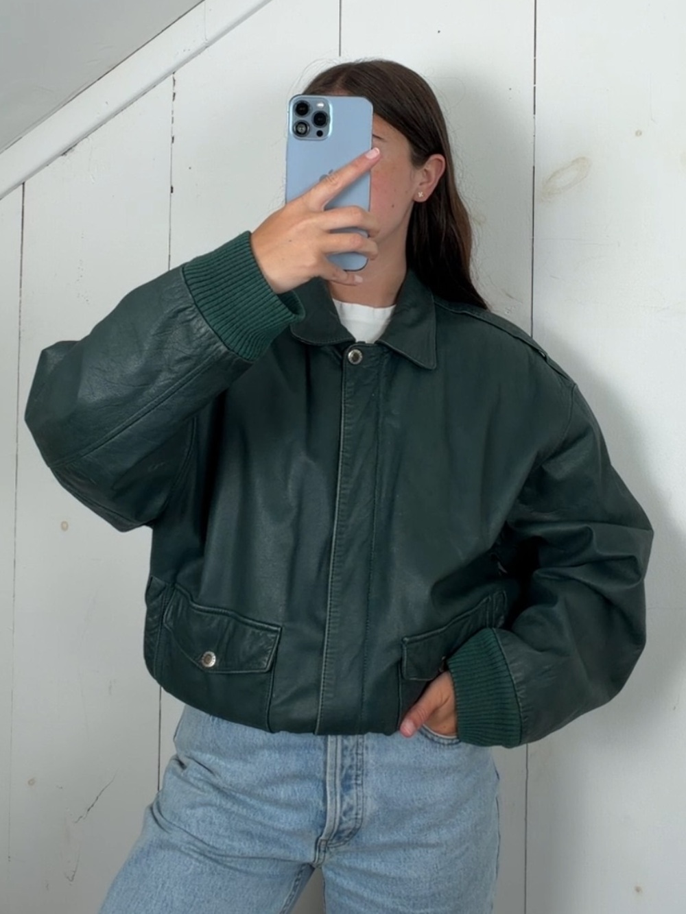 Vintage Cougar Green Leather Zip Up Bomber Jacket Men’s Large Paisley Lining 90s